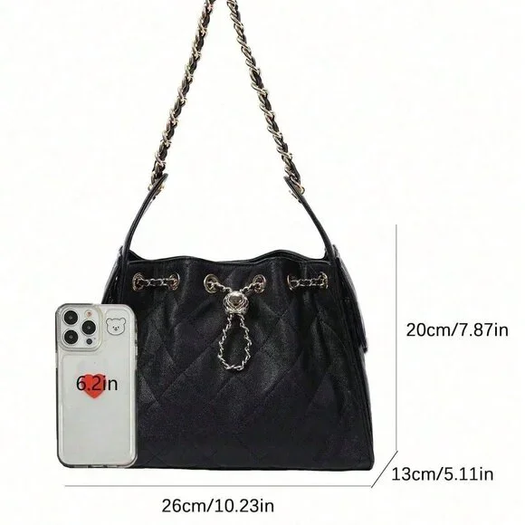 Black Elegant Women Portable Bucket Shoulder Bag - Picture 2 of 8